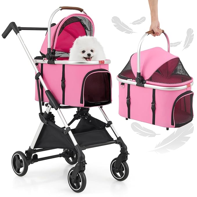 MoNiBloom Pet Stroller for Small/Medium Dogs w/Detachable Carrier & Lightweight Aluminum Frame, Folding Jogging Travel Stroller, Pink-Mewly Pet
