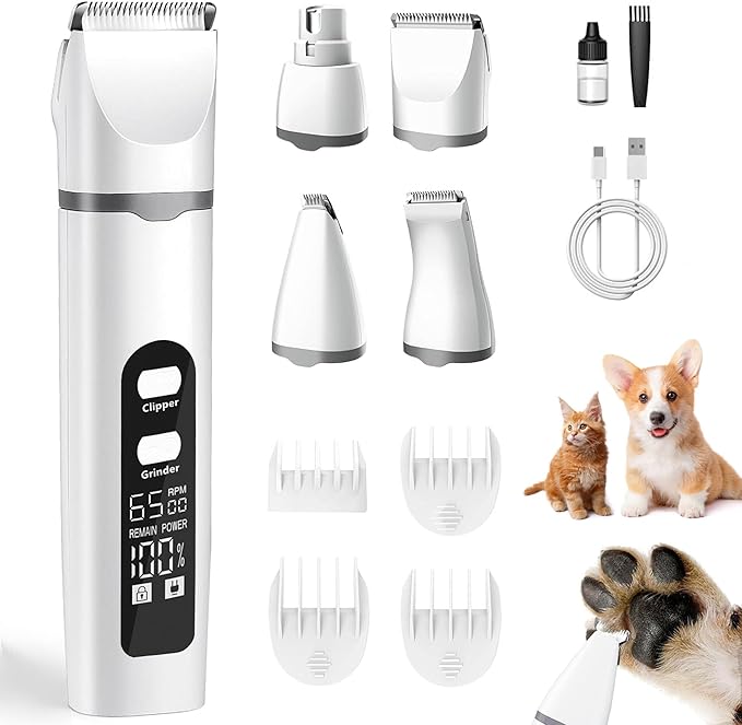4 in 1 Dog Clippers Grooming Kit with LED Screen, Cordless Quiet Paw Trimmer & Nail Grinder, Rechargeable Waterproof Feet Ear Body Hair Shaver for Cats Dogs Pet Supplies-Mewly Pet