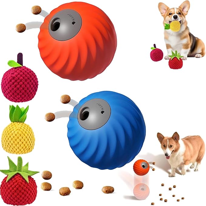 Zoomie Buddy 2.0, Zoomie Buddy for Dogs, 2 in 1 Smart Touch Interactive Dog Balls ＆ Pet Feeder, 2.83" Diameter, Suitable for Small/Medium Dogs, with Fruit Plush Cover (Blue+Orange, 3*Mix)-Mewly Pet