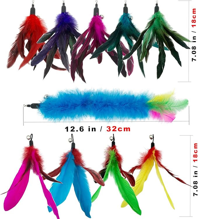 Cat Feather Toys Refills, 10 Pieces Interaction Cat Wand Replacement Feathers Toy for Indoor Cats-Mewly Pet