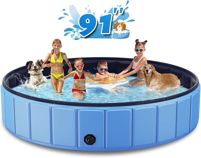 Foldable Dog Swimming Pool, Totiro 91"x16" Oversize Collapsable Hard Plastic Portable Bathing Tub for Pet Dog Kiddie Pool Indoor and Outdoor Leakproof PVC Play Pool for Large Dogs Pets Puppy Kids Blue-Mewly Pet