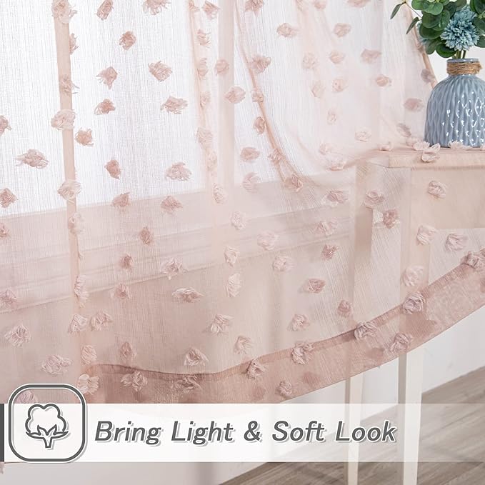 MYSKY HOME Pom Pom Pink Sheer Curtains for Bedroom Girls Room Dusty Rose Curtains 84 Inches Long for Nursery Kids Light Filtering Boho Window Drapes, Rod Pocket, 52" Wide, 2 Panels
