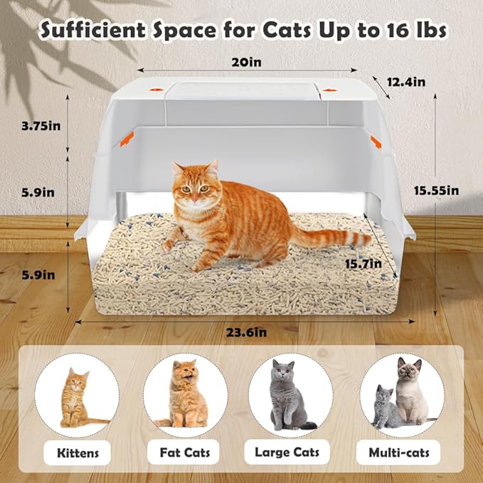 Vivifying Stainless Steel Litter Box with Lid, XL Side Entry Extra Large Litter Box for Big Cats & Kitty, Removable Enclosed Metal Cat Pan with High Sided Enclosure, Scoop, Mat, Footboard (Beige)-Mewly Pet