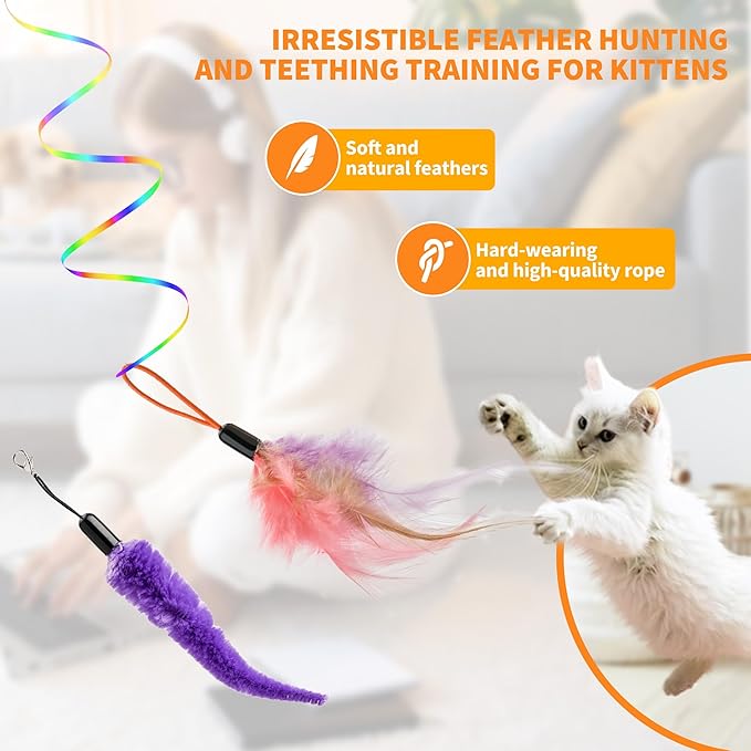 Interactive Cat Toy,Automatic Cat Toy for Indoor Cats,Hanging Door Clip Ribbon 360° Rotation,Feather & Rainbow Cat Stimulating Ribbons Cat Toys for Bored Adult/Kitten Exercise-Mewly Pet