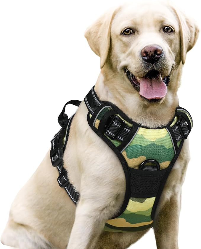 rabbitgoo Dog Harness No Pull with 2 Leash Clips, Adjustable Soft Padded, Reflective Oxford No Choke Pet Vest with Easy Control Handle for Large Dogs, Green Mountain,L-Mewly Pet