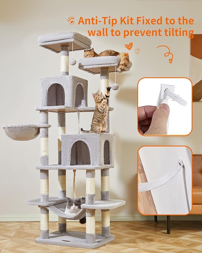 Taoqimiao Cat Tree, 71.7-Inch Cat Tower for Indoor Cats, Plush Multi-Level Cat Condo with 13 Scratching Posts, 2 Perches, 2 Caves, Hammock, 2 Pompoms,Light Gray MS013LW-Mewly Pet