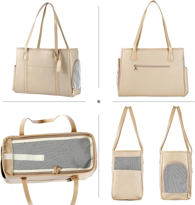 Stylish Dog Purse Carrier, Leather Pet Carrier Bag for Small Dogs Cats Puppy, Airline Approved Soft-Sided Carrier Ivory-Mewly Pet