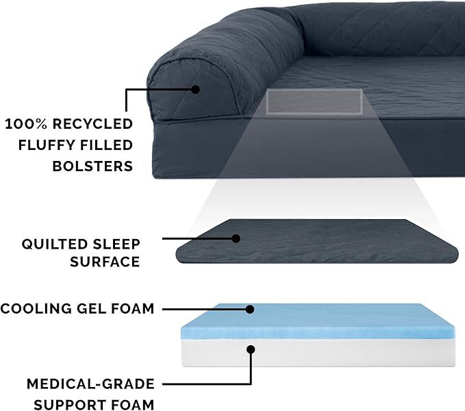 Furhaven Cooling Gel Dog Bed for Large Dogs w/ Removable Bolsters & Washable Cover, For Dogs Up to 125 lbs - Quilted Sofa - Iron Gray, Jumbo Plus/XXL-Mewly Pet