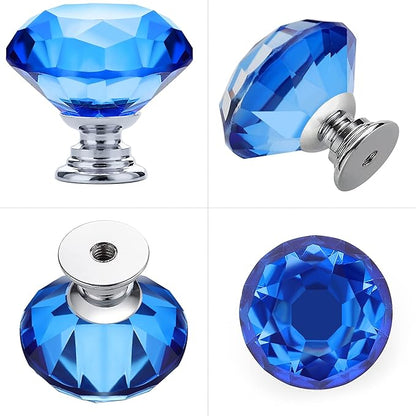 Ravinte 25 Pack Blue Crystal Knobs for Dresser Drawers - 30 mm Glass Cabinet Diamond Shaped Knobs with Silver Base