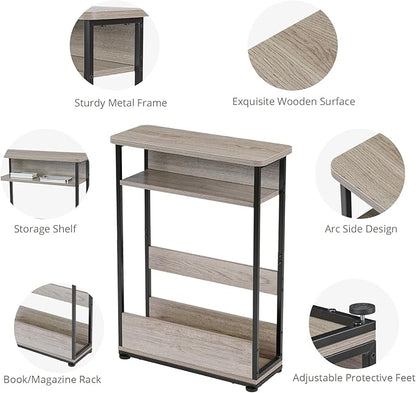 Narrow Side Table,3-Tier Slim End Table with Storage Shelf,Modern Sofa Table Thin Side Table for Narrow and Small Spaces, Skinny Bedside Table Small Nightstand with Magazine Rack Space Saving/Oak