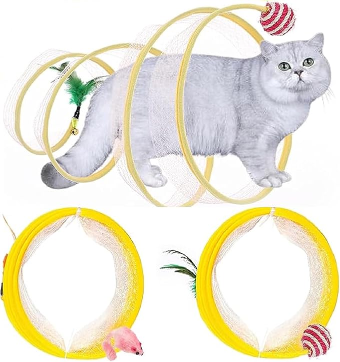 2Pcs Folded Cat Tunnel Toy for Indoor Cats,Collapsible Pet Spring Cat Toys with Feather Mouse Upgrade Interactive Toy Playing Tent for Puppy Kitten Accessories Home Self-Happy Cat Toys (Yellow)-Mewly Pet