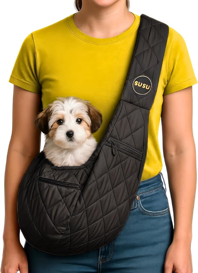 Small Dog Carrier Sling Bag – Hands-Free up to 10 lbs -10.5″ Deep Pouch, Dual Snap-Clip Closure + Drawcord, 4″ Padded Strap, Safety Tether, Zipper Pockets, Machine-Washable-Mewly Pet
