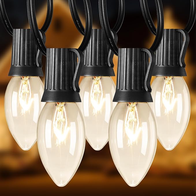 Brightown 100 Feet C9 Christmas String Lights, Outdoor Christmas Lights with 100 Clear C9 Light Bulbs for Outdoor Patio Room Party Backyard Christmas Decoration, Glass Bulb, Black Line