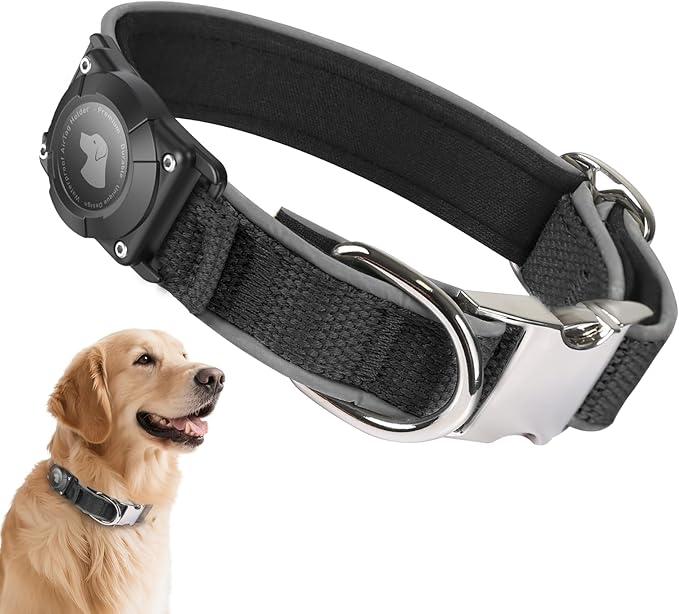 Waterproof Airtag Dog Collar - Nylon Collar with Durable Airtag Holder, Reflective&Anti-Lost with Safety Metal Buckle, Soft Padded Adjustable for Small Medium Large Dogs Black XL-Mewly Pet