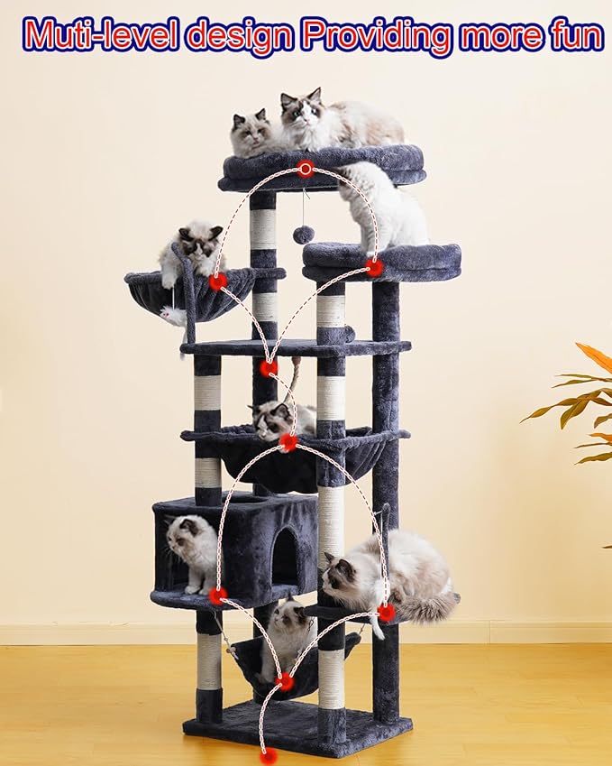 Cat Tree, Cat Tower for Large Cats with 2 Big Platforms, 2 Baskets, condo and Toys, 63" Cat Scratching Posts for Indoor Cats, Smoky Gray GCT020G-Mewly Pet
