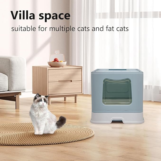 XL Foldable Cat Litter Box with Lid - Jumbo Enclosed Potty - Top Entry Anti-Splashing Toilet - Includes Scoop & 2-in-1 Cleaning Brush (Blue-Mewly Pet