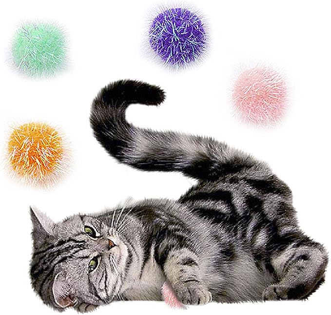 Cat Pom Pom Sparkle Fuzzy Balls 2 Inches Interactive Cat Toy Assorted Color 12 Pack-Mewly Pet