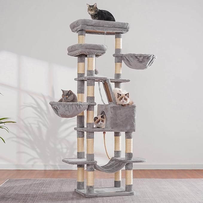 Heybly Cat Tree, 68 inch Multi-Level Cat Tower for Indoor Cats, 2 Widened Plush Perches Cat Condo with Scratching Board and Big Caves, Light Gray HCT025W-Mewly Pet