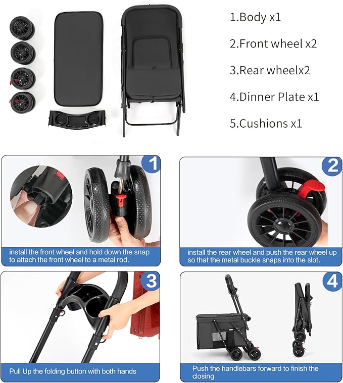 Pet Stroller Cat Dog Stroller Travel Folding Pet Carriers（Black）-Mewly Pet