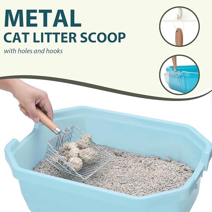 Cat Litter Scoop, Kitty Metal Scooper with Hook and Hole, Stainless Steel Kitten Poop Lifter for Litter Box, Non Stick, Durable and Heavy Duty Sifter for Easy Clean-Mewly Pet