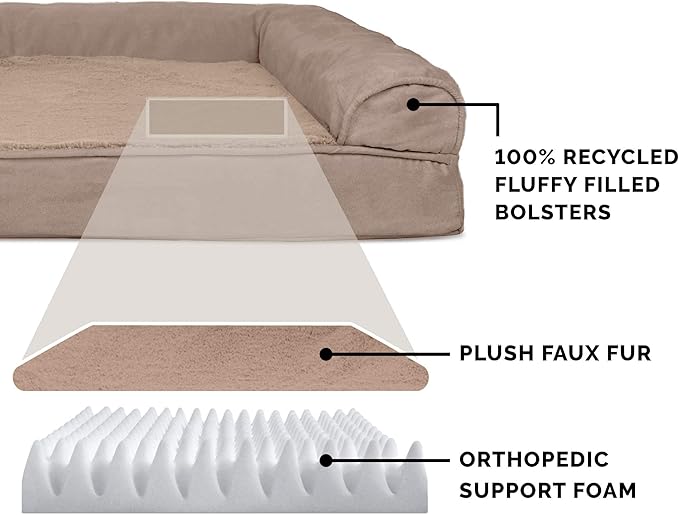 Furhaven Orthopedic Dog Bed for Large/Medium Dogs w/ Removable Bolsters & Washable Cover, For Dogs Up to 55 lbs - Plush & Suede Sofa - Almondine, Large-Mewly Pet
