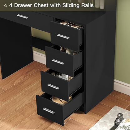 Quimoo Makeup Vanity Desk with Mirror & Lights, Vanity Desk with 5 Drawers & Storage Shelves, Vanity Table, 3 Color Modes & Adjustable Brightness Dressing Table, Bedroom, Black