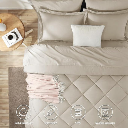 CozyLux King Size Comforter Set Oatmeal - 7 Pieces Bed in a Bag King, Luxury Soft Bed Set for All Seasons, Bedding Set with Down Alternative Comforter, Sheets, Pillowcases & Shams