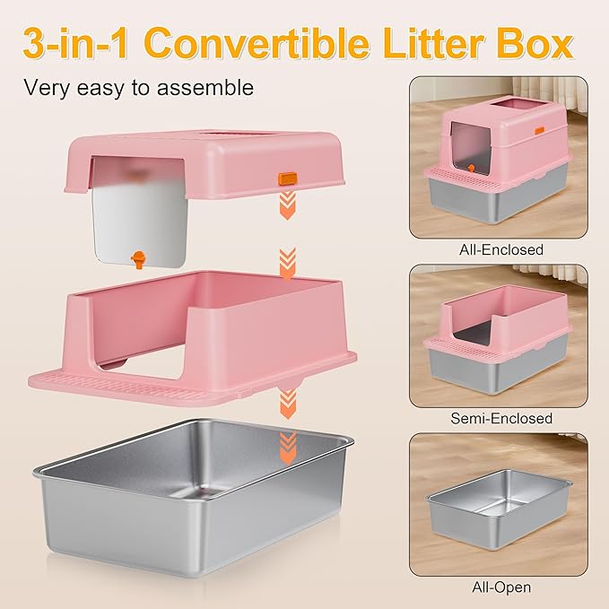 Stainless Steel Litter Box with Lid, 20L Metal Enclosed Litter Box for Big Cat, Flip-Top Design with Anti-Leakage High Sides, Large Cat Lovers Gifts (#2 Pink)-Mewly Pet