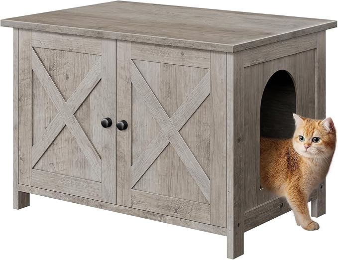 Vongrasig Cat Litter Box Enclosure,Litter Box Furniture Hidden with Barn Door,Wooden Cat Washroom Furniture,Cat House,End Table, Fit Most of Litter Box, Grey-Mewly Pet