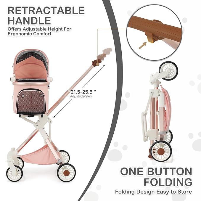 MoNiBloom 3 in 1 Pet Stroller with Adjustable Handle, Jogging Stroller w/Detachable Carrier & Lightweight Aluminum Frame for Dogs Cats, Soft Pink-Mewly Pet