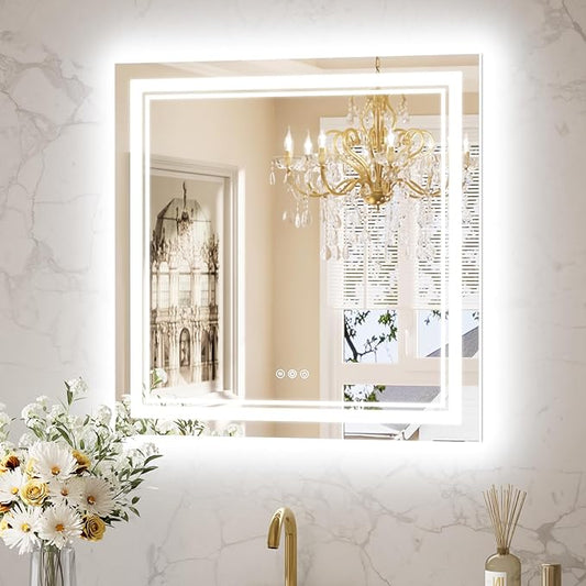 Keonjinn Bathroom LED Mirror 30 x 30 Inch Frontlit and Backlit, Tempered Glass Stepless 3 Colors Temperature & Dimmable Square Wall Mirror, UL Listed LED Driver, Double LED Strips, Anti-Fog