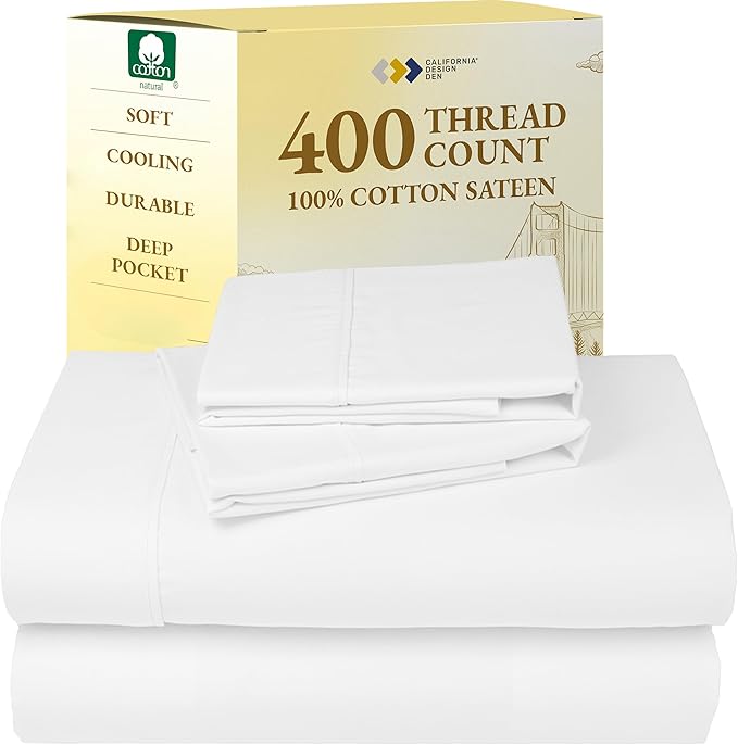 California Design Den Natural 100% Cotton Sheets, Full Size Sheets Set, 400 Thread Count Sateen Bedding, Deep Pockets with All-Around Elastic for a Snug Fit, Cool & Durable Bed Set - Antique White