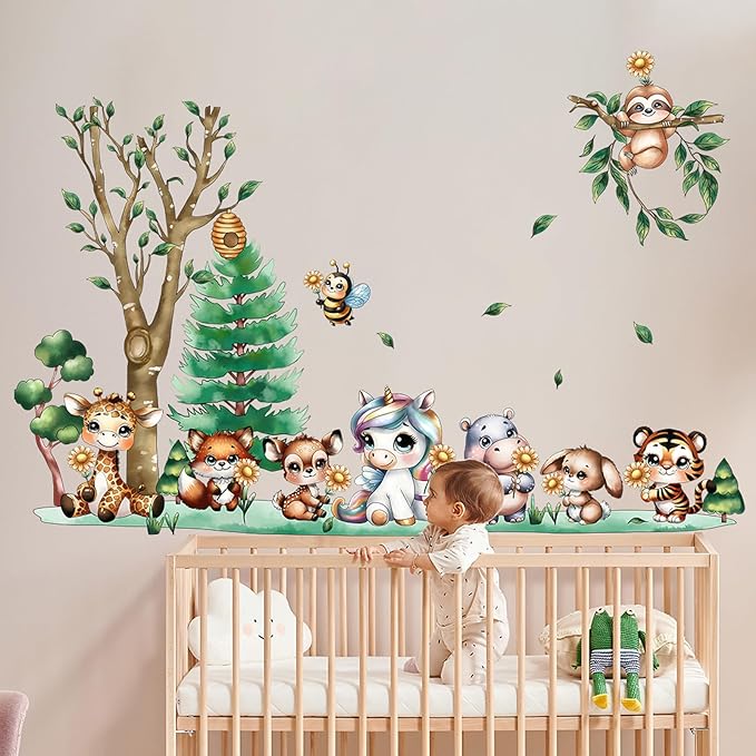 Jungle Animal Wall Stickers Forest Safari Wall Decals Kid Room Nursery Baby Bedroom Décor (Animal Chrysanthemum)