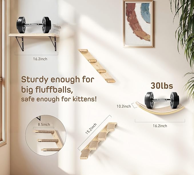 Cat Wall Shelves Set with Sisal Cats Window Perch, 4 Piece Wood Climbing Furniture with Curved Sisal Bed, Flat Shelf & Two Wall-Mounted 4 Steps Cat Stairs-Mewly Pet