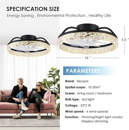 Ceiling Fans with Lights and Remote/APP Control, Modern Dimmable Low Profile Ceiling Fan, Flush Mount Bladeless Ceiling Fan, 16" Memory Function Forward Reverse and 6 Speeds - Black
