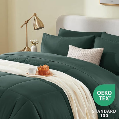 CozyLux Full Size Comforter Sets Forest Green, 7 Pieces Bed in a Bag, Green Comforter Full Size, All Season Bedding Sets with Stitch Quilted Comforter, Flat Sheet, Fitted Sheet, Pillowcases