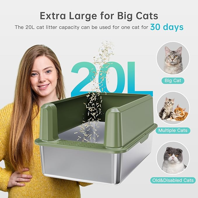 Enclosed Stainless Steel Cat Litter Box with Lid, XL Extra Large Litter Box for Big Cats, Metal Litter Pan High Sided, Never Absorbs Odors, Anti-Urine Leakage, Include Scoop (Green)-Mewly Pet
