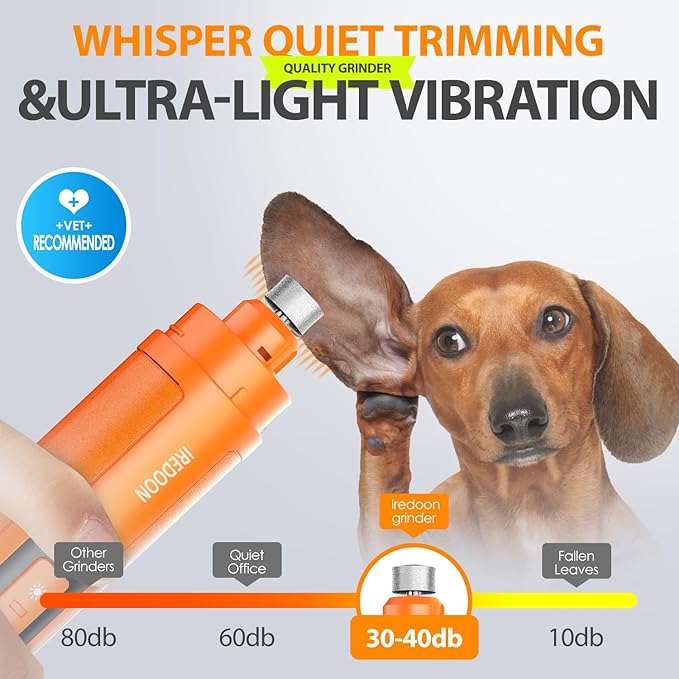 Dog Nail Grinder Upgraded - Professional 3-Speed Super Quiet and Low Vibration Electric Pet Nail Grinder with 4 LED Lights - Painless Paws Grooming & Smoothing for Small to Large Dogs (Orange)-Mewly Pet