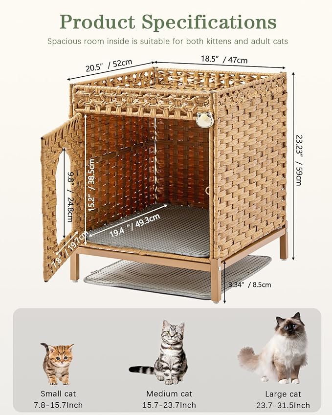 Cat Litter Box Enclosure Hidden Litter Box Furniture with Metal Heightened Feet, Rattan Handwoven Cat House with Litter Mat, Hidden Litter Box Furniture for Bedroom Living Room Natural-Mewly Pet