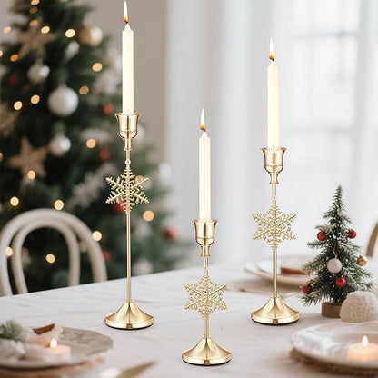 3 Pcs Christmas Candle Holders 3 Size Gold Taper Candlestick Holders Set Vintage Decorative Centerpiece for Table Mantel Wedding Housewarming Thanksgiving Gifts (Snowflake)