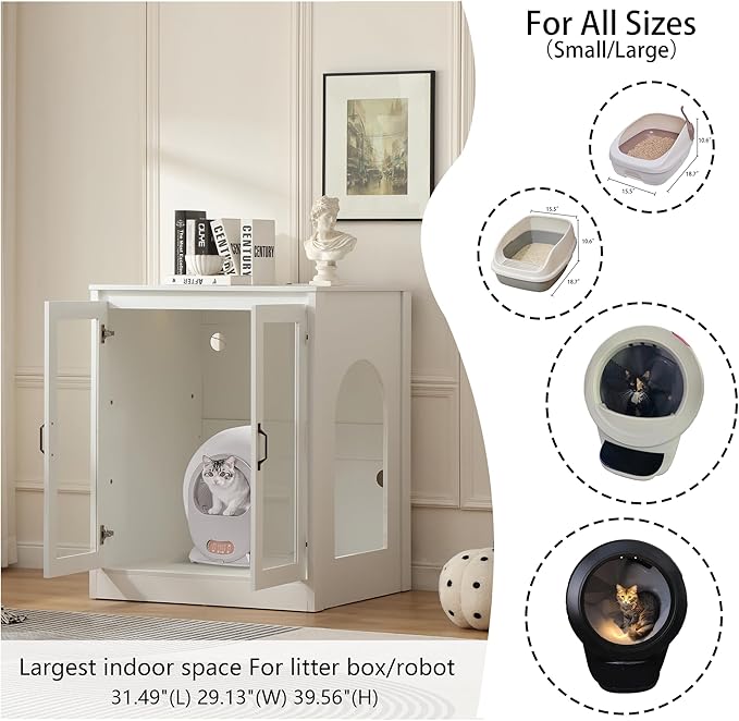 Cat Litter Robot Enclosure with Cat-Observant Glass Doors,Litter Robot Cabinet with Cozy LED for Cats,Reversible and Optional Entry(Left or Right),Power Outlet for More Choice, (White)-Mewly Pet