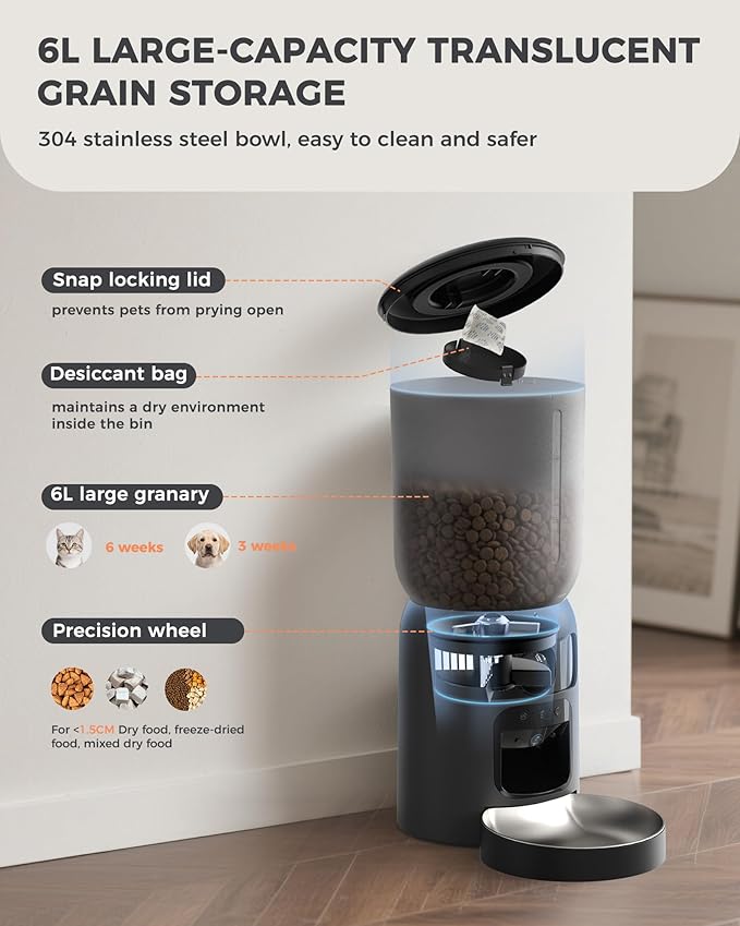 AI Cat Feeder with Dual Cameras (1 Adjustable), 2K HD Night Vision, 5G/2.4G WiFi, 6L Automatic Pet Feeder with APP Control, Laser Interactive Toy, Two-Way Audio & Scheduled Feeding-Mewly Pet