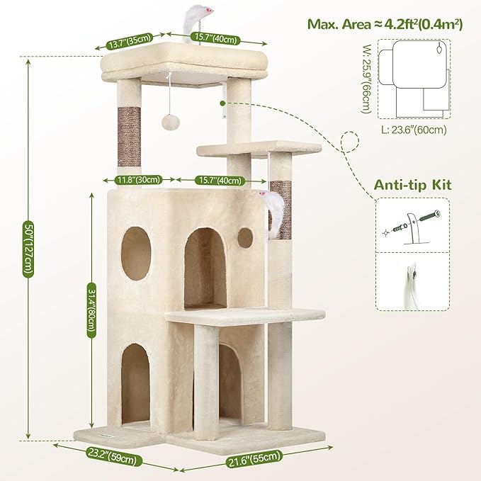 Globlazer Cat Tree Tower for Indoor Cats, 50-inch Adult Cat Tree House for Large Adult Cats with Steps, Scratching Post, 2 Cat Caves, Dangling Toys, FC50, Beige-Mewly Pet