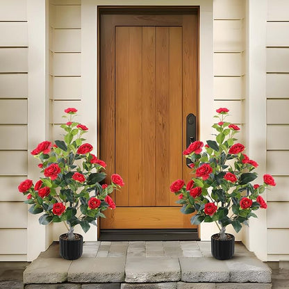 Hananona 2 Pcs Artificial Camellia Trees Faux Camellia Plant in Pot with Flowers Indoor Plants for Spring Home Decor Outdoor Porch Front Door Decor (Red, M)