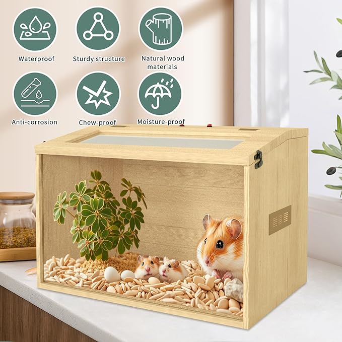 24" Hamster Cage, Top Opening Lockable Roof Door Gerbil Cage, Dwarf Hamster Cage with Hygrometer, Mice and Small Animal Habitat, Chewproof Syrian Hamster Enclosure, (Wooden, 24" L x 16" W x 16" H)-Mewly Pet