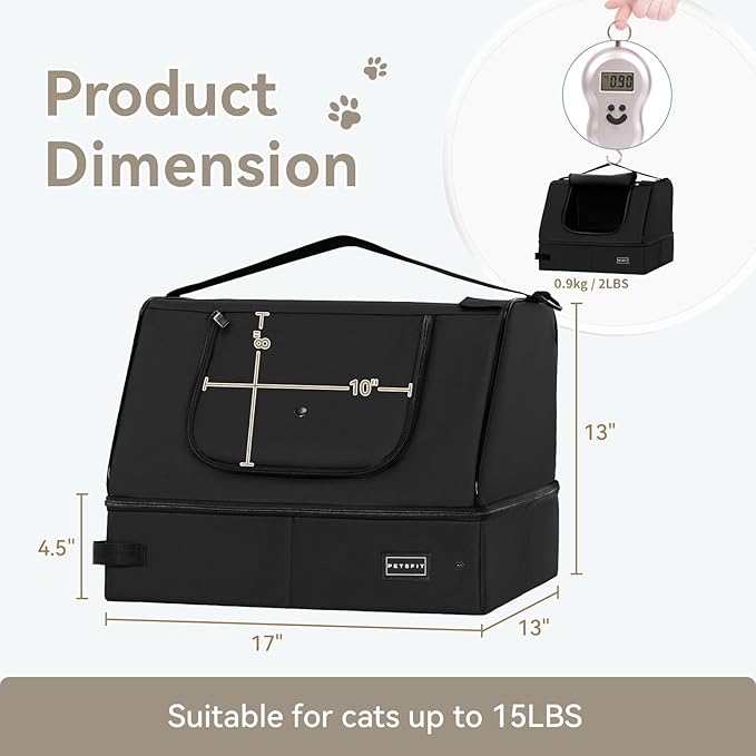 PETSFIT Portable Cat Litter Box - Removable 2-Layer Leak-Proof Lining, Scratch-Resistant Fabric with Sturdy Support Frame, Travel & Collapsible Cat Litter Box Black-Mewly Pet