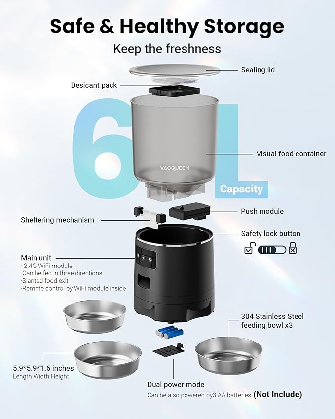 Automatic Cat Feeder for 3 Cats, 6L/25 Cups Smart WiFi Pet Feeder, Strong Anti-Jam System, Dual-Effect Desiccant Cat Food Dispenser, with 10S Voice Recorder for Cats and Small Dog(Black)-Mewly Pet