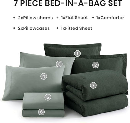 Monbix Queen Comforter Set - 7 Pieces Cationic Dyeing Deep Forest Bed in a Bag Queen Bedding Sets with Comforter, Sheets, Pillowcases & Shams, Reversible Bedding Comforters Sets