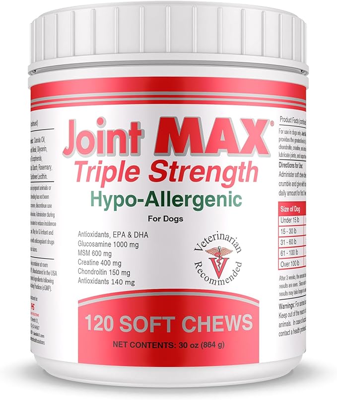 Triple Strength Hypo-Allergenic Soft Chews for Dogs - Hip and Joint Support Supplement with Glucosamine, Chondroitin, & MSM - Made in The USA - 120 Soft Chews-Mewly Pet