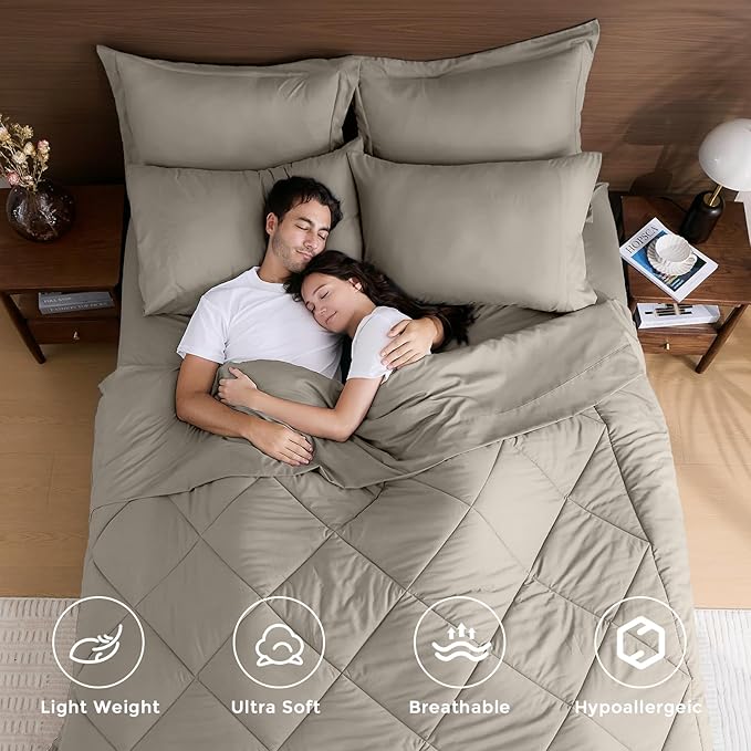 HEVUMYI Oatmeal Queen Comforter Set - 7-Piece All Season Bed in a Bag Queen, Ultra Soft Bedding Set with Comforter, Flat Sheet, Fitted Sheet, Pillowcases, Pillow Shams